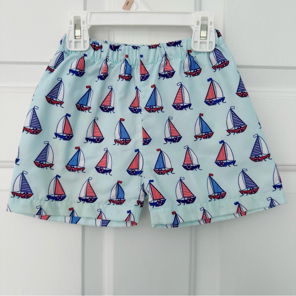 Cecil & Lou Blue Red Sailboat Print Boys Shorts Sailing Elastic Pull On Sz 4T